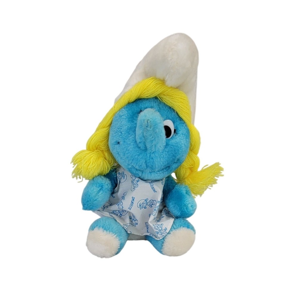 1981 Wallace Berrie‎ Smurfette Plush Toy Blue Blonde Pigtails White Hat Pajamas